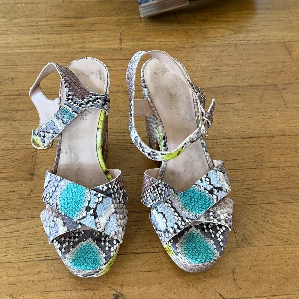 Kate Spade Snake-Print Platform Sandals in Neon Teal and Yellow